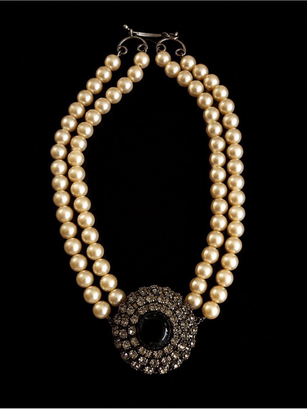 Classic Pearl Double-Strand Necklace with Decorative Centerpiece - Cream